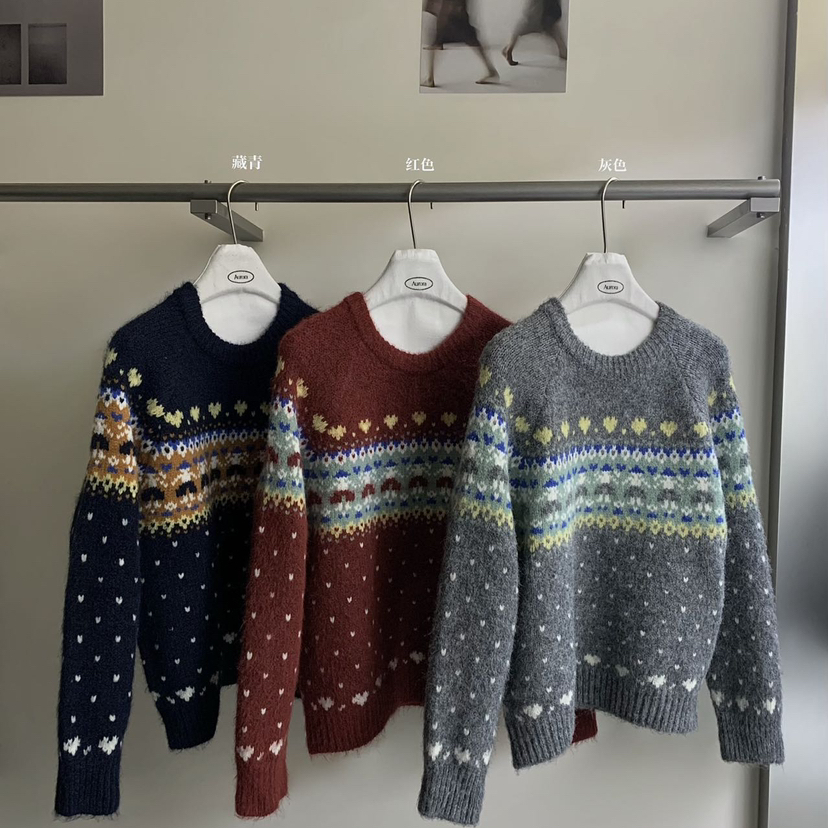 Aurora-冬上新复古慵懒风提花圆领套头保暖毛衣1127