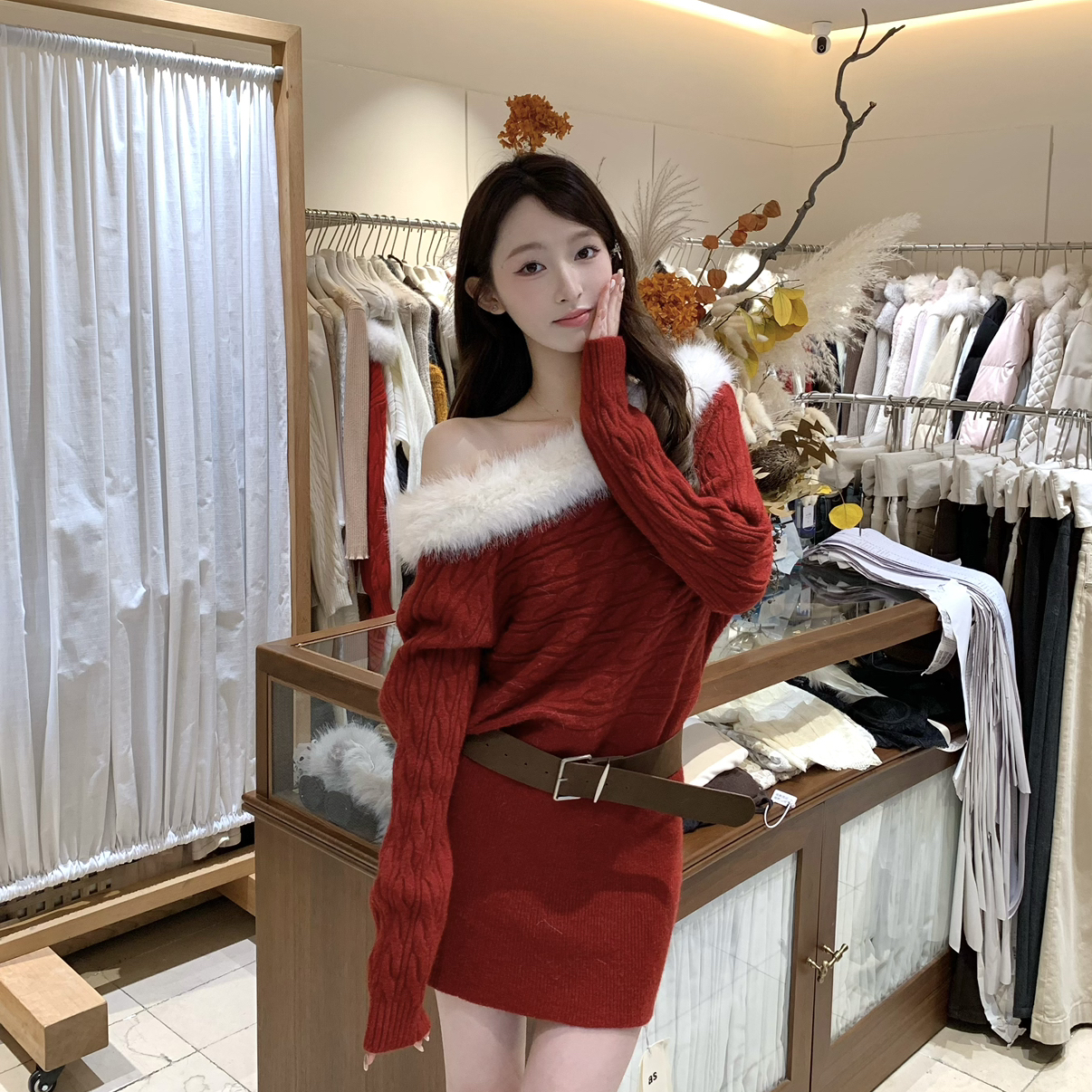 AS OFFICIAL-冬日心机战袍·毛毛领一字肩毛衣连衣裙(配腰带)8062