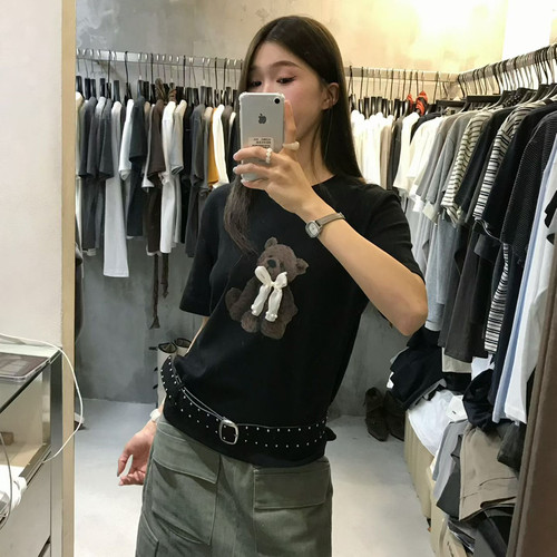 UNCLE BE秋上新甜酷黑色立体小熊短袖T恤