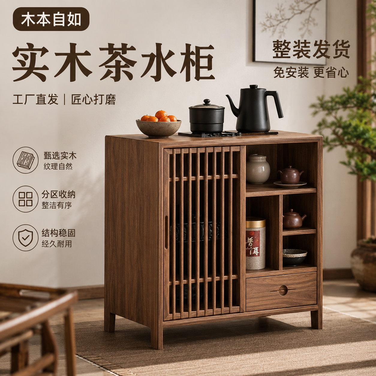 北方老榆木茶水柜餐边柜子客厅茶水台茶叶柜一体茶边柜实木置物柜