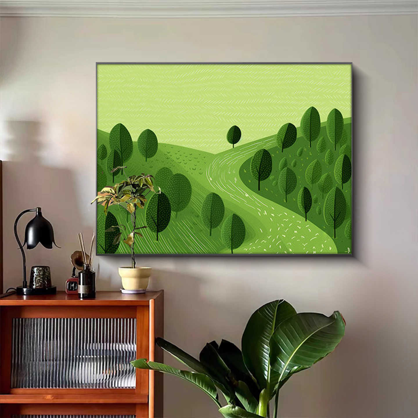 绿色油画风卡通风景客厅装饰画