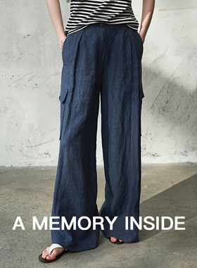 A Memory Inside进口100%亚麻蓝色牛仔裤女夏季垂坠显瘦直筒裤子