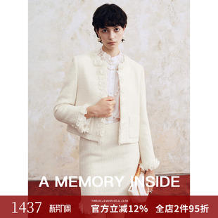 白色短款 Inside手工缝制立体花型 箱型小香风外套短裙女 Memory