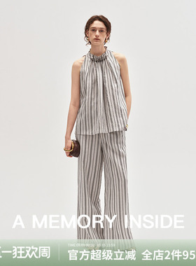 A Memory Inside日本纱线混纺亚麻手工穿珠无袖条纹背心/休闲裤女