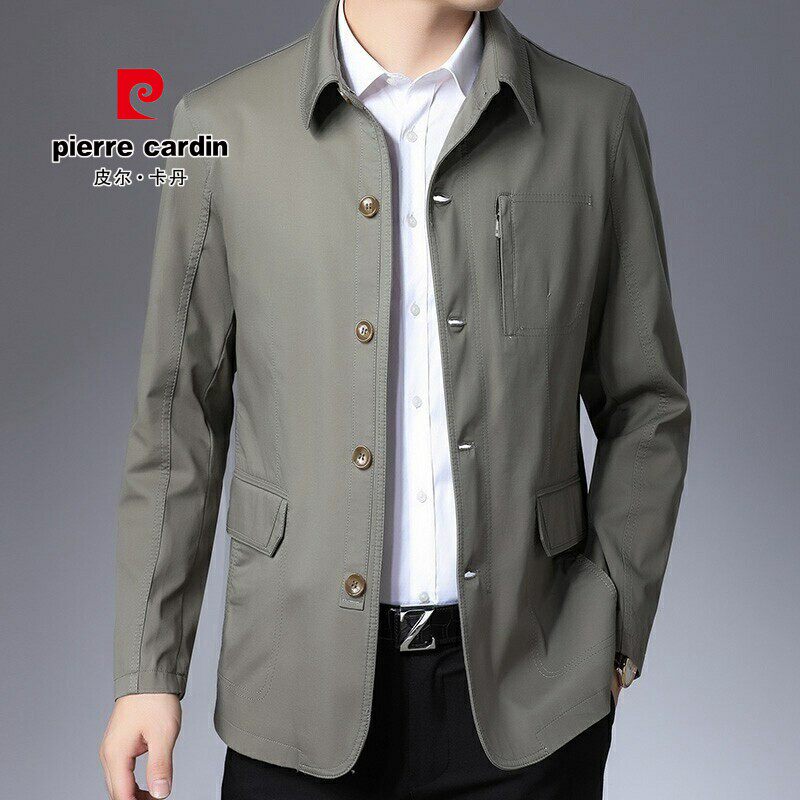 皮尔卡丹男士休闲夹克外套 纯棉短款风衣 2023年秋季休闲风 多口