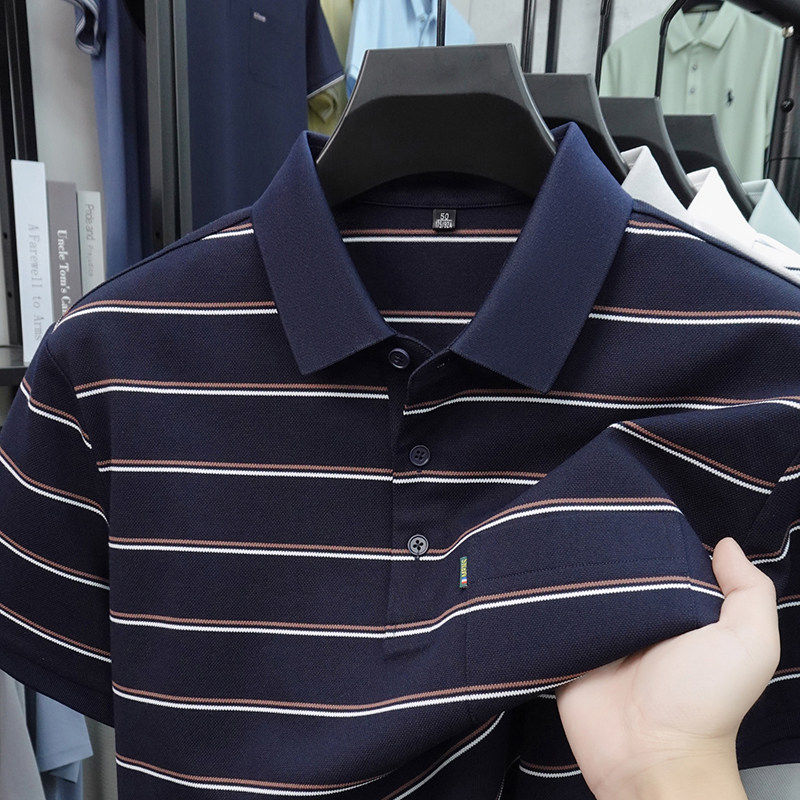 皮尔卡丹条纹珠地棉polo衫男士短袖翻领透气2026夏季新款有领T恤
