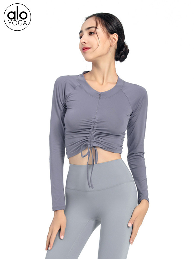 ALO YOGA LONG-SLEEVED FEMALE SLIM SLIM HALF ZIPPER SKINNY DRAWSTRING TOP SEXY CROP TOP CROP TOP PILATES T-SHIRT