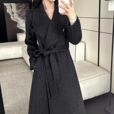 正肩双面羊绒大衣女2025秋冬新款系带收腰显瘦中长款羊毛呢外套女