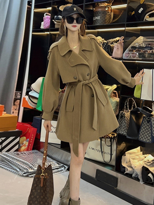 简漫羊绒馆秋冬新款双面羊毛大衣女中长款气质显瘦系带毛呢外套女