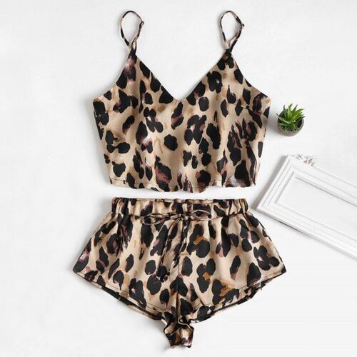 Women's leopard print suspender suit女士豹纹印花吊带家居套装