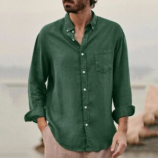 纯色宽松翻领长袖衬衫男 Solid color loose casual collar shirt