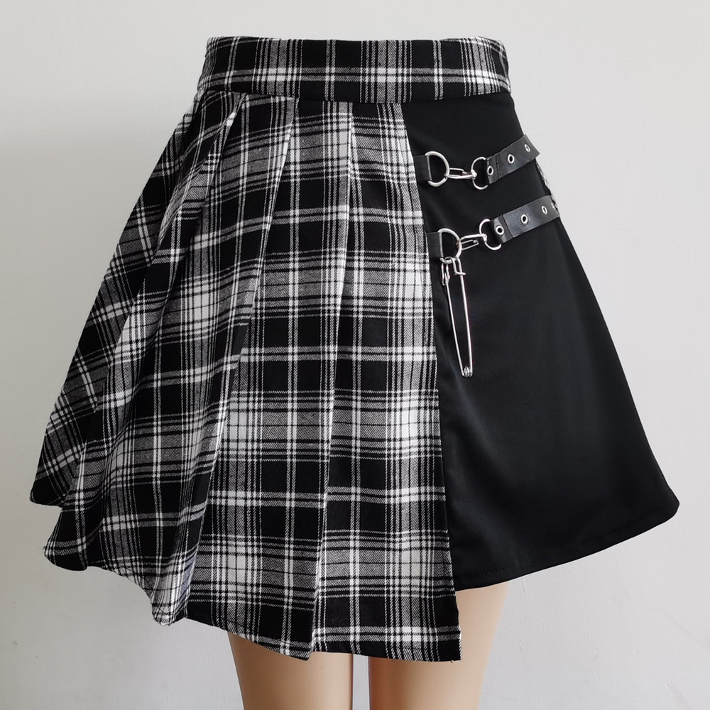 Plaid contrast chain pleated skirt女士格子撞色拼接链条百褶裙