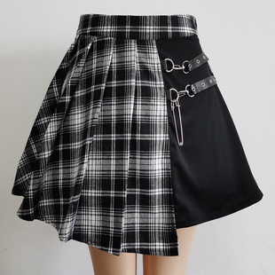 skirt女士格子撞色拼接链条百褶裙 Plaid contrast chain pleated