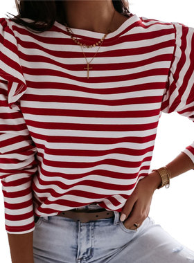 European and American elastic round neck ruffled shoulde top