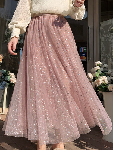 A-line medium length sequin mesh skirt A字亮片网纱中长款裙女
