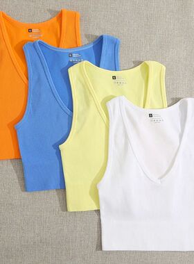 Solid colored threaded V-neck yoga vest纯色螺纹V领瑜伽背心女