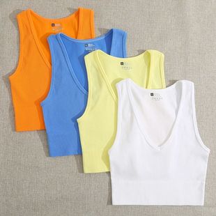 colored yoga threaded neck vest纯色螺纹V领瑜伽背心女 Solid