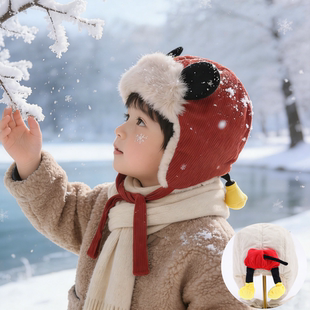 儿童冬季保暖帽男童户外防风护耳雷锋帽女童宝宝新年红加厚套头帽