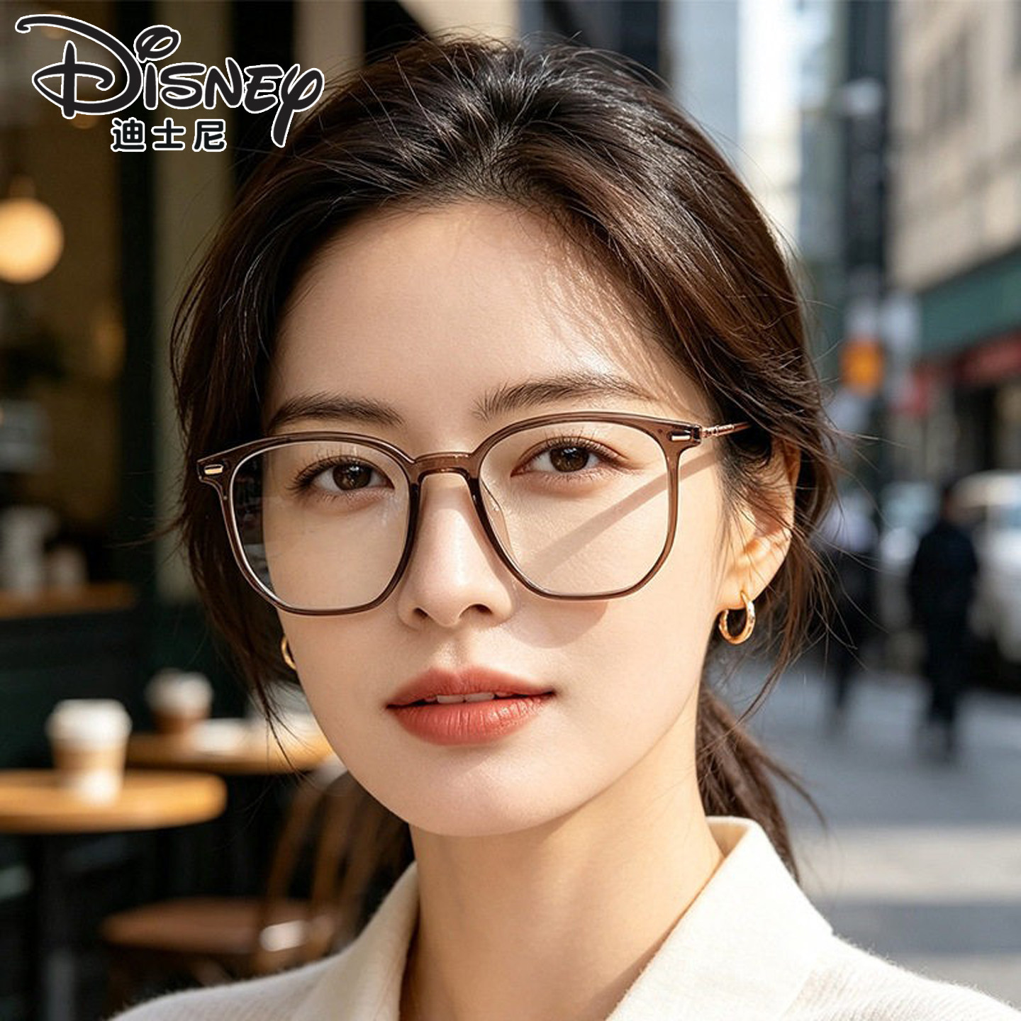 迪士尼眼睛女2026新品气质冷茶棕平光镜女士大框修颜百搭眼镜礼物