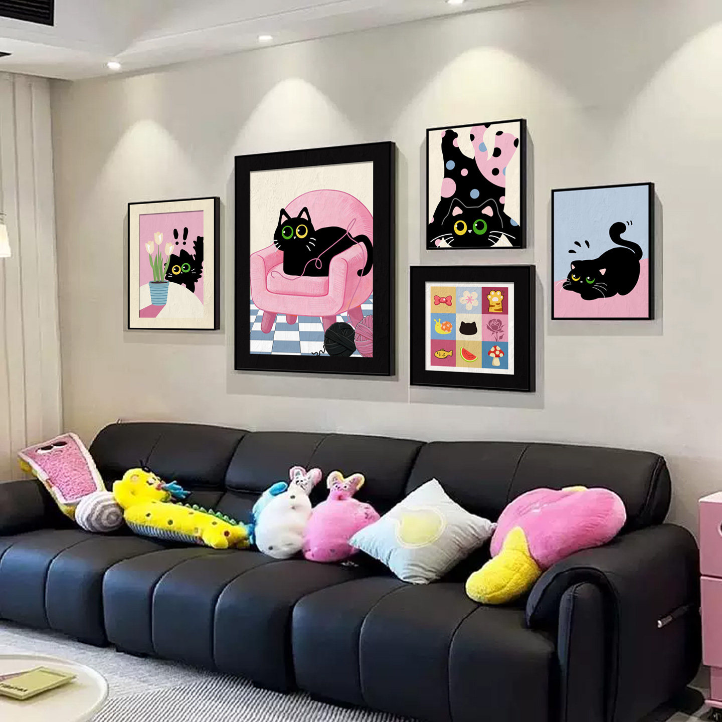 多巴胺可爱猫咪组合装饰画趣味卡通客厅背景墙面挂画小众艺术壁画