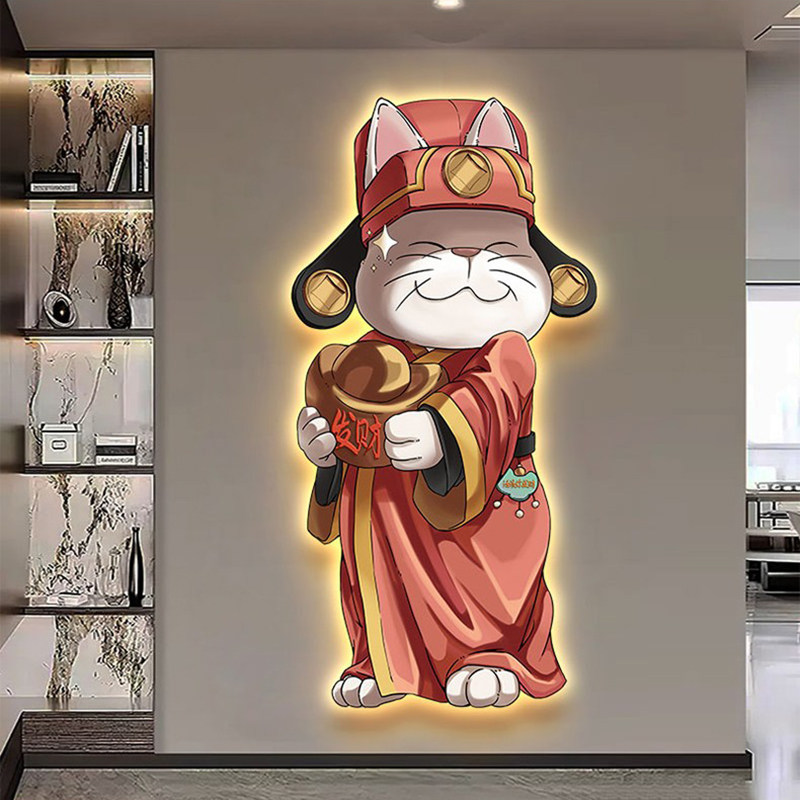 现代入户玄关装饰画卡通招财猫寓意好壁画走廊过道LED发光灯画