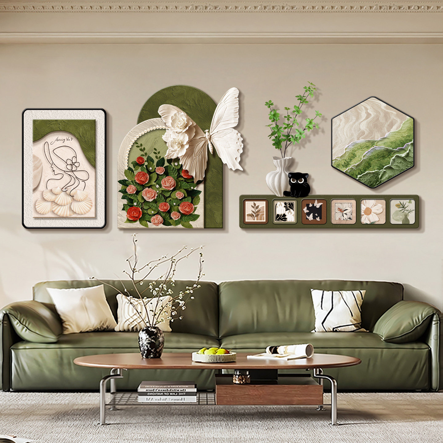 法式奶油风客厅装饰画新款组合餐厅壁画中古风沙发背景墙挂画蝴蝶