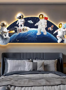 儿童房装饰画太空宇航员男孩卧室发光壁画现代简约高级感LED灯画