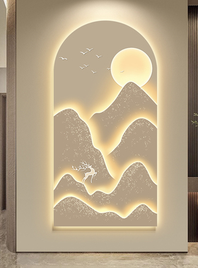 现代轻奢入户玄关装饰画抽象日出壁画LED灯画酒店会所走廊挂画