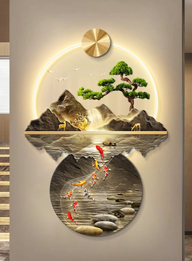 流水生财新中式玄关装饰画入户正对门壁画灯走廊过道山水高端挂画