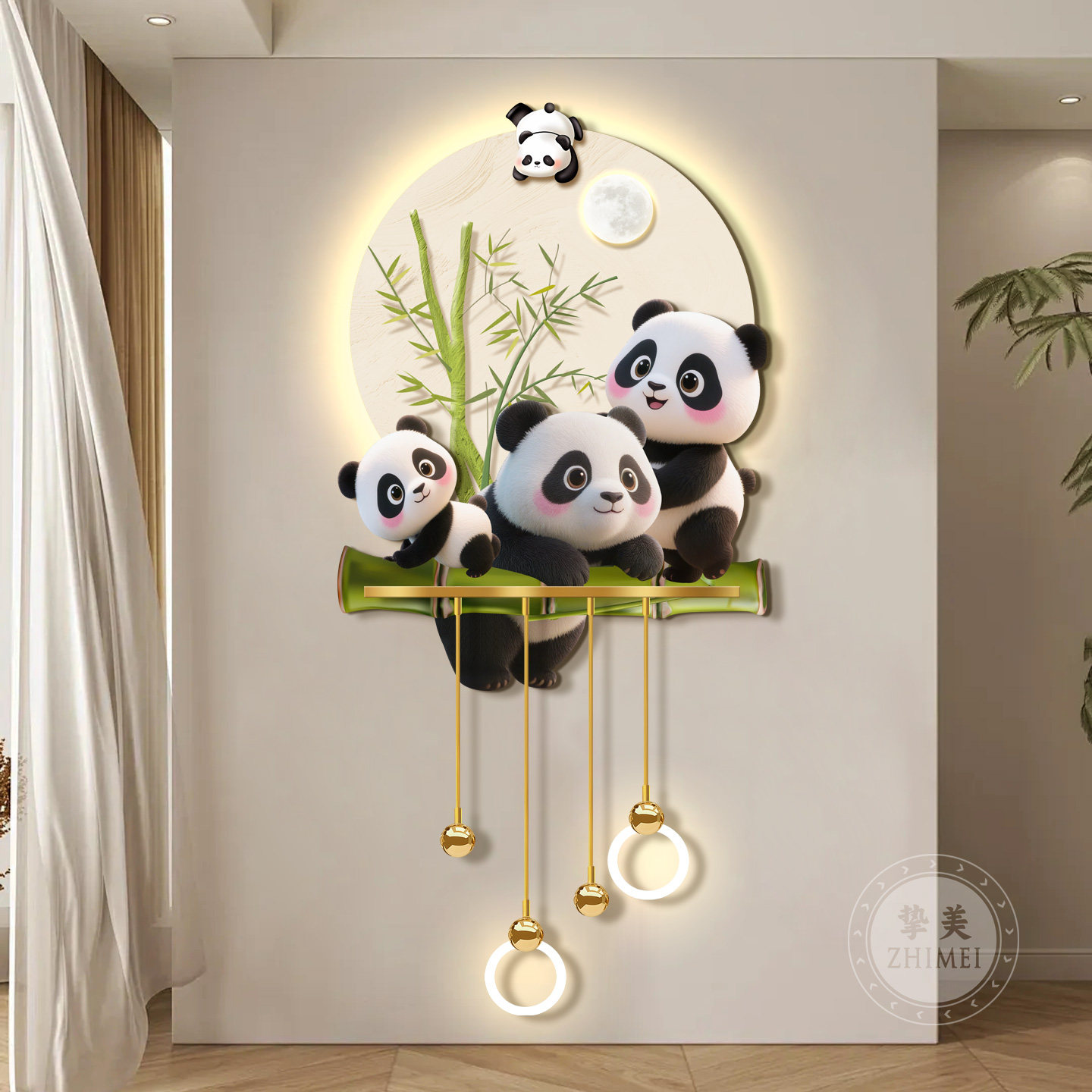 北欧奶油风熊猫玄关装饰画入户走廊过道墙壁灯高级感客厅对门挂画