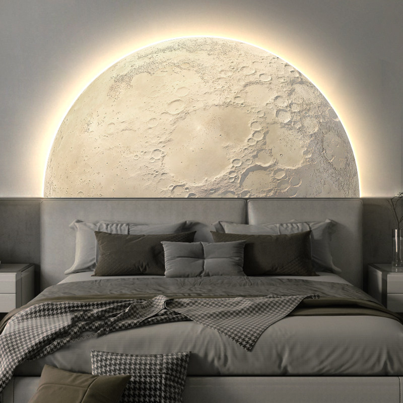 轻奢奶油风卧室床头装饰画高级感月球客厅玄关沙发背景墙壁带灯画