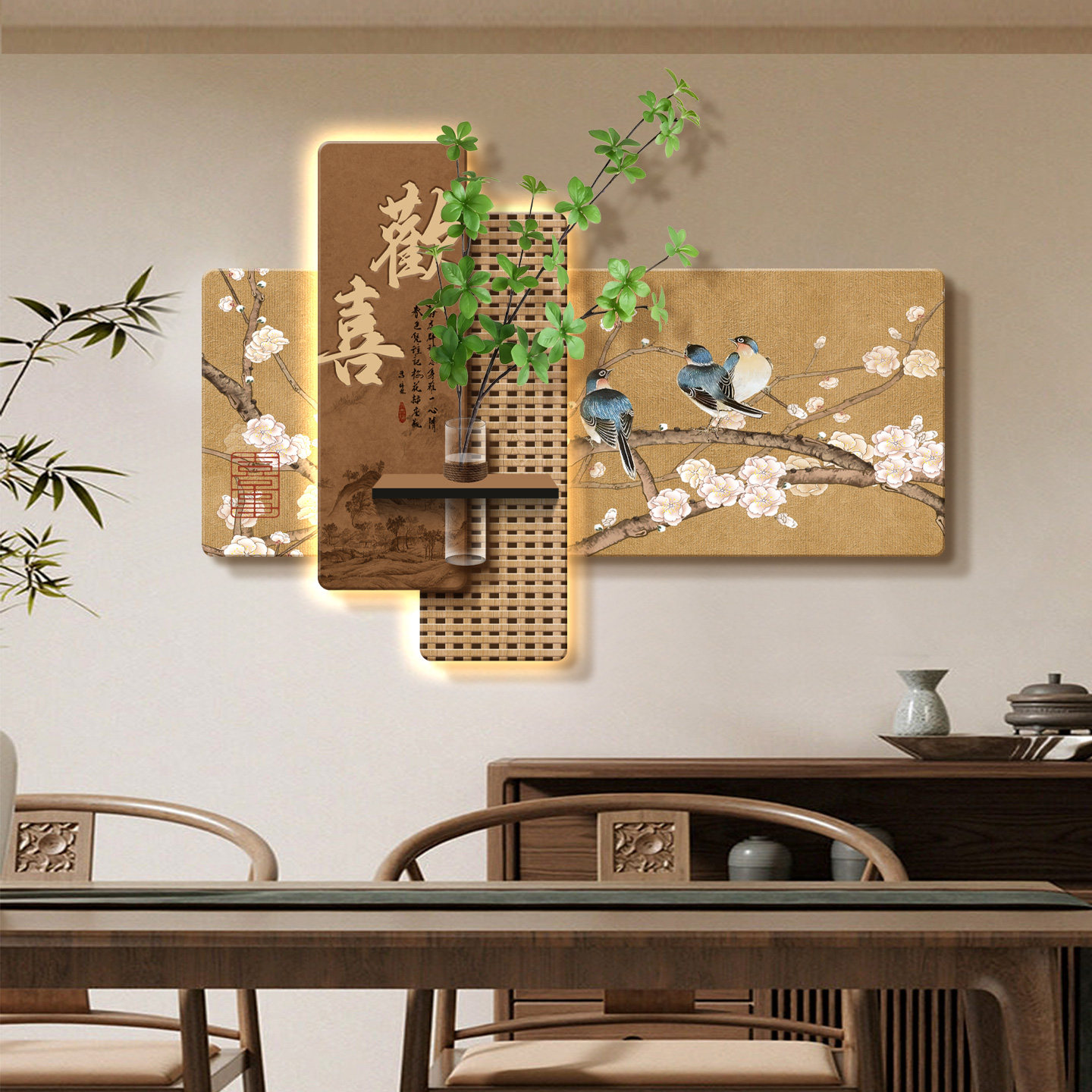 宋代美学欢喜花鸟带灯装饰画餐厅茶室背景墙挂画创意水培绿植壁饰
