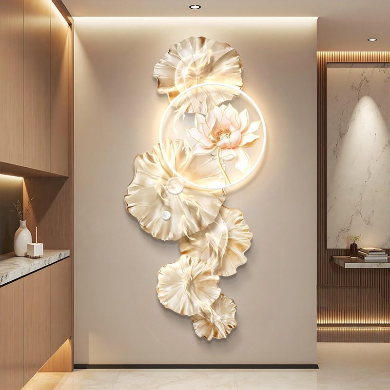 现代轻奢高级感玄关装饰画正对门入户过道走廊挂画荷花九鱼图壁画