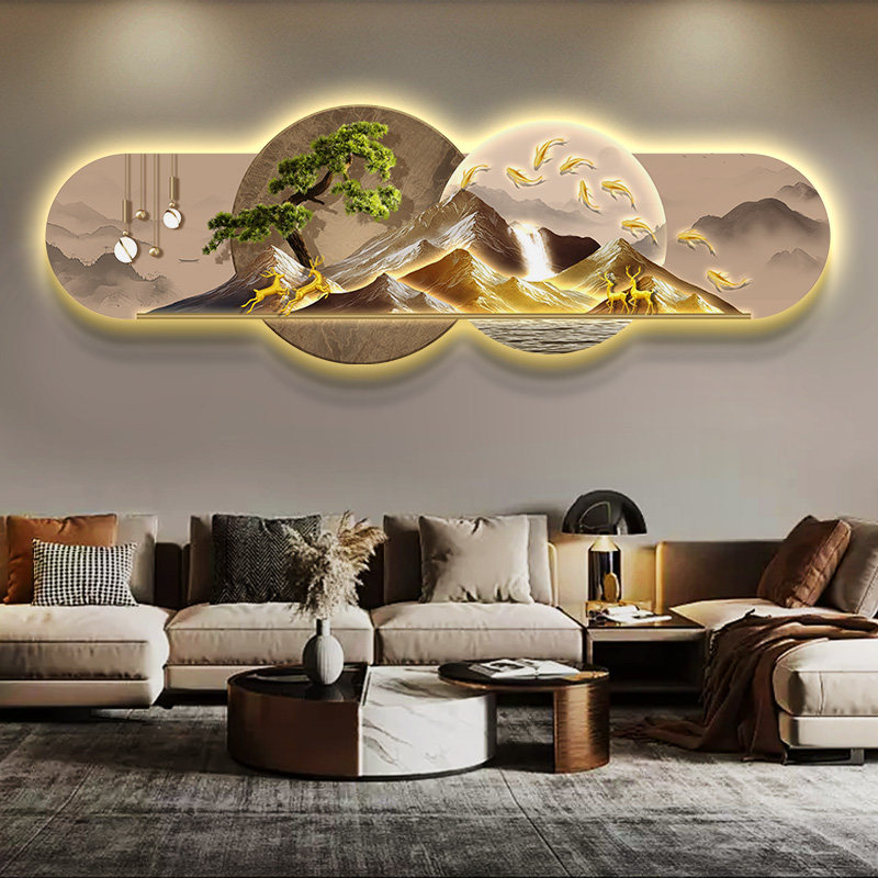 迎客松轻奢客厅装饰画高级感山水九鱼图壁画沙发背景墙发光灯挂画,家居饰品,现代装饰画,淘宝优惠券,粉丝福利购,淘宝优惠卷