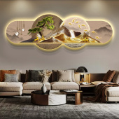 迎客松轻奢客厅装 饰画高级感山水九鱼图壁画沙发背景墙发光灯挂画