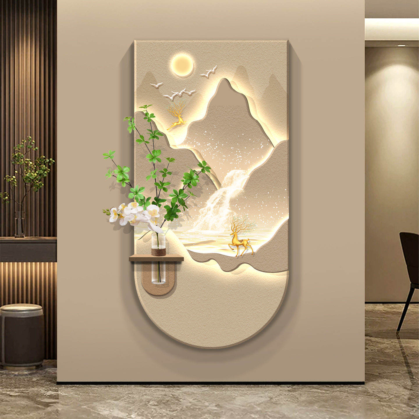 日照金山入户正对门玄关装饰画轻奢高级感立体挂画走廊过道壁灯画
