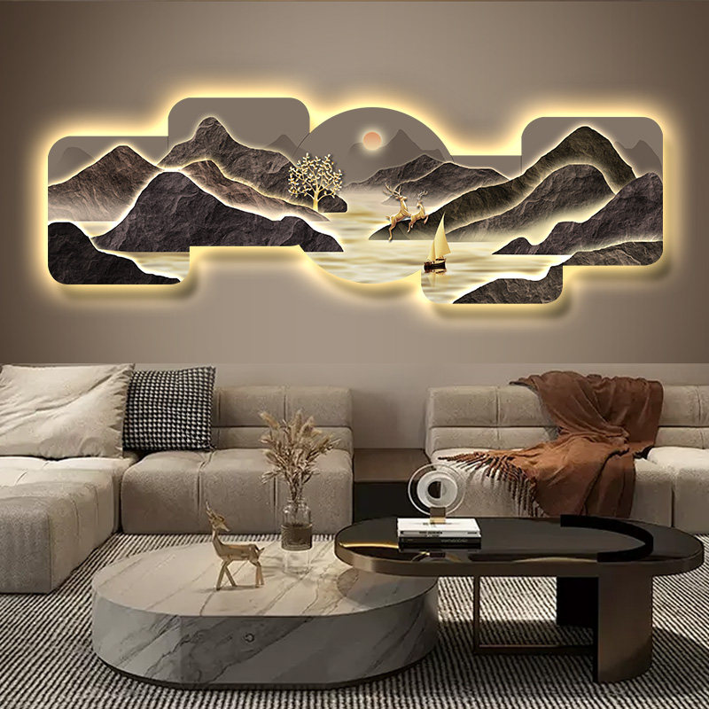 背有靠山客厅装饰画现代轻奢高级感沙发背景墙挂画大气山水壁灯画