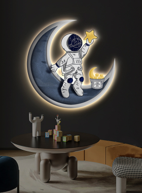 儿童房太空宇航员造型装饰画LED氛围灯画卡通男孩卧室床头挂画