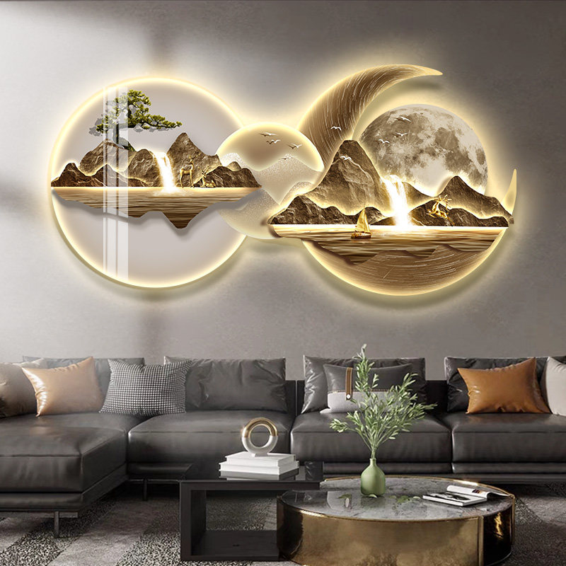 迎客松流水生财轻奢客厅装饰画沙发背景墙挂画高级感大气山水壁画