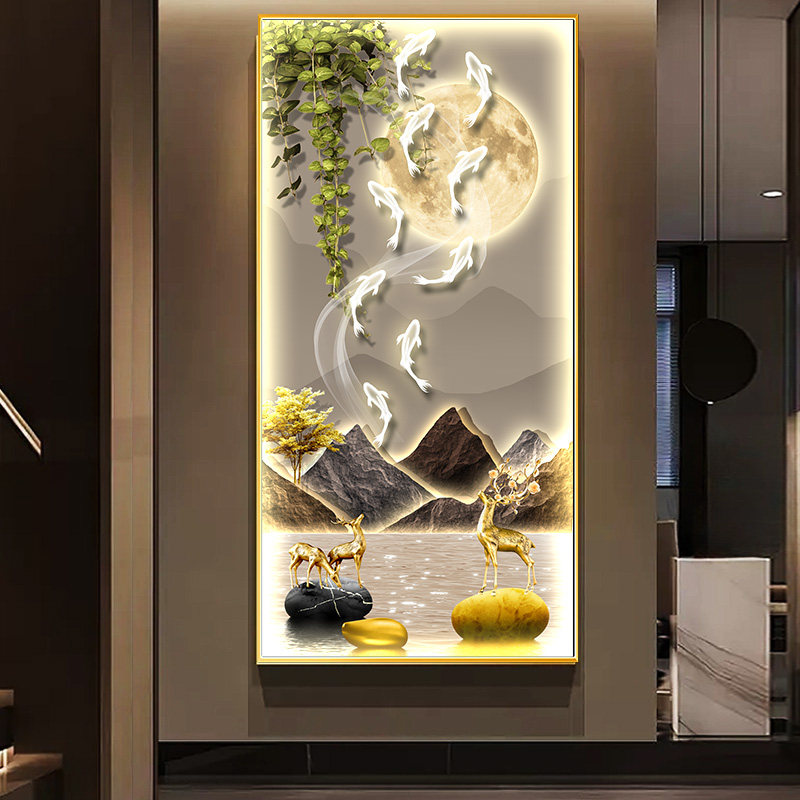 轻奢led带灯九鱼图壁画入户玄关装饰画简约现代走廊过道竖版挂画