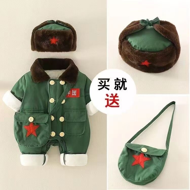儿童军大衣网红婴儿加厚连体衣冬装军绿男女宝宝衣服洋气加绒爬服