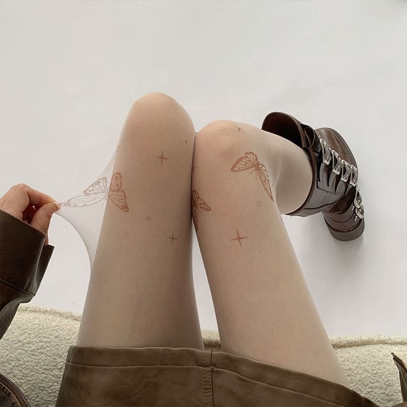 蝴蝶丝袜新款薄黑色印花连裤袜性感辣妹黑丝任意剪防脱丝打底袜
