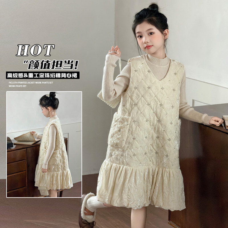 女童甜美风背心裙冬季2025新款洋气儿童加厚绗棉重工拜年服公主裙