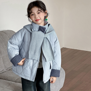 女童冬装棉服2025新款秋冬加厚连帽外套中大童洋气针织围脖棉衣潮
