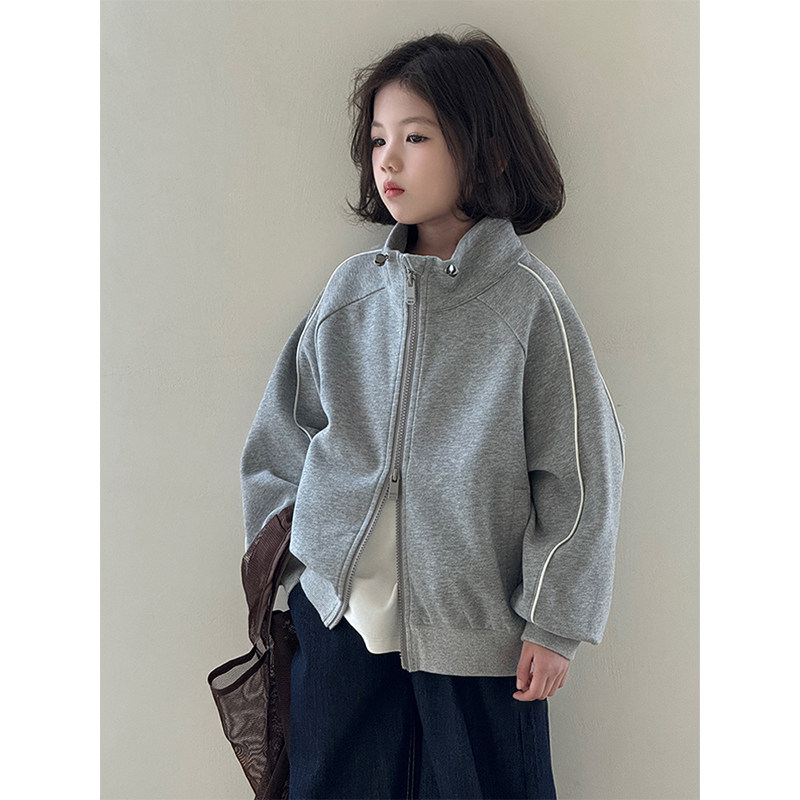 女童韩版立领外套秋冬2026新款儿童宽松休闲运动风灰色开衫夹克潮