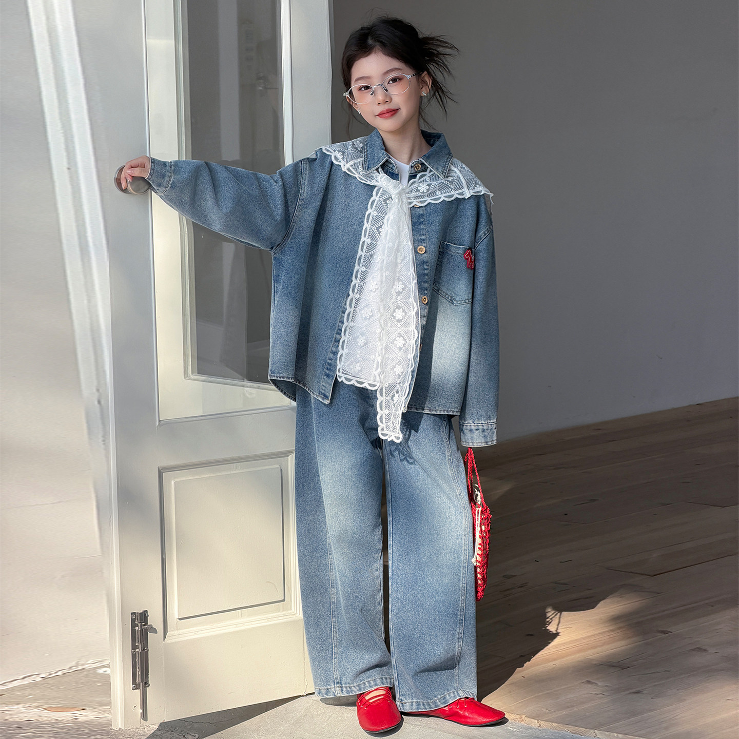 韩国女童春装牛仔套装2026春季新款儿童蕾丝披肩外套阔腿裤两件套