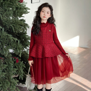 女童红色连衣裙套装冬季2025新款儿童加厚洋气新年拜年服公主裙潮