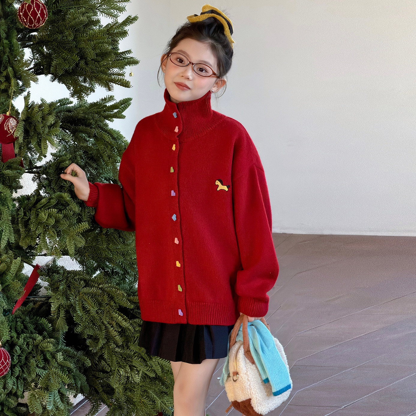 女童秋冬毛衣开衫外套2025新款儿童洋气红色拜年服女孩小马针织衫