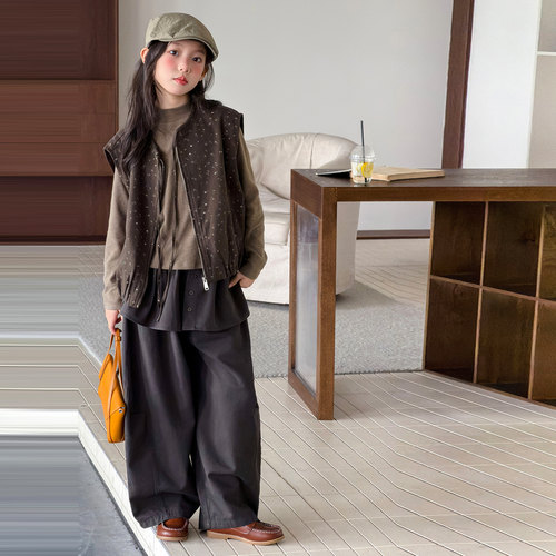 韩系女童甜美慵懒风套装2026新款中大儿童时髦马甲秋装屁帘裤洋气