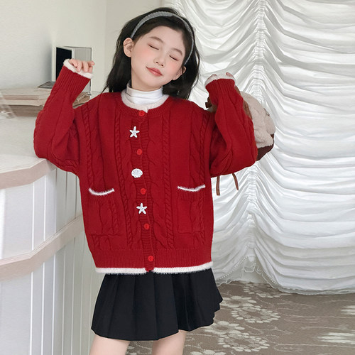 韩版女童红色加厚毛衣开衫外套秋冬2026新款洋气儿童针织衫拜年服